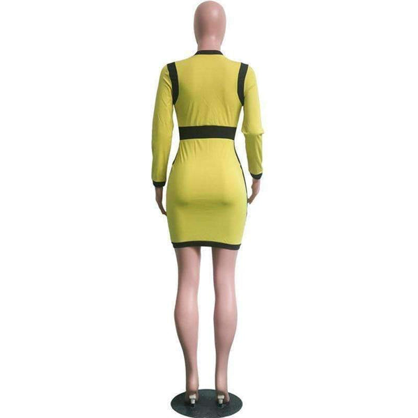 Planet Gates yellow dress / S Deep V Zipper Patchwork Mini Dress Vestido Autumn Long-Sleeved High Waist Pencil Dresses 2018 New Winter Bandage Dress