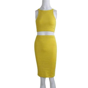 Planet Gates yellow dress / S Women 2 Piece Party Dress 2018 Solid Sleeveless O-Neck Bodycon Dresses Vestidos Sexy Off Shoulder Knee-Length Dress Two Piece