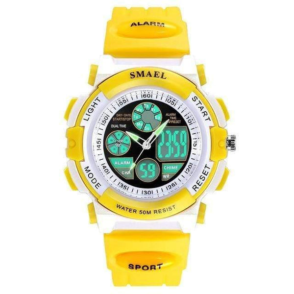 Planet Gates Yellow Dual Time LCD Digital Watches Children 50M Waterproof Wristwatches Shock Resistant Free Gift Box for Watches Girls0704