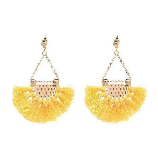 Planet Gates Yellow Fan shaped Cotton Tassels Bohemia Earrings For Women Ethnic Jewelry Big Dangle Earrings Handmade Fringe Pendientes