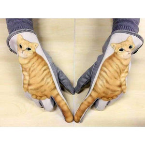 Planet Gates Yellow Hot Cat Printed Winter Suede Leather Gloves Luvas De Inverno Men Women Touch Screen Gloves Guantes Mujer Lady Touchscreen Gloves