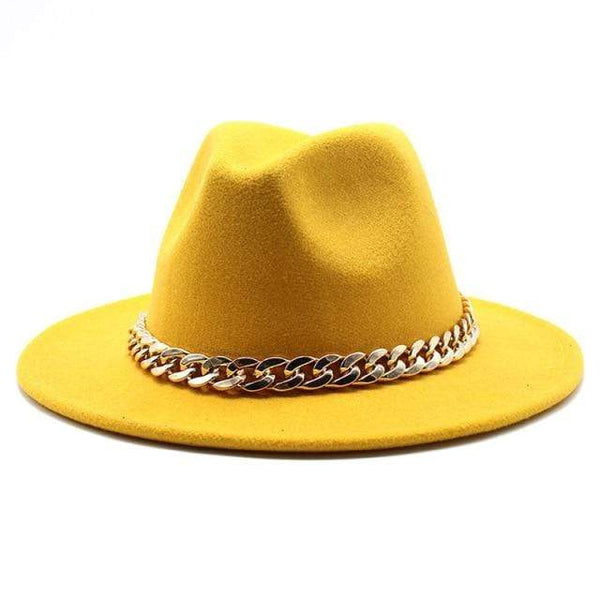 Planet Gates Yellow / L(58-60cm) American Big Chain Fedoras Faux Woolen Brim Felt Cap Jazz Men Women Hat