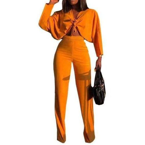 Planet Gates Yellow / L Autumn Women Solid Sets 2pcs Women Set Bow Cross Crop Top Sweatshirt + Slim Pants 2 Pieces Sets Women Clothing Suits Female