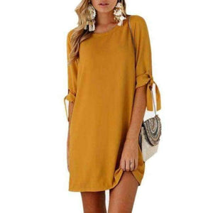 Planet Gates Yellow / L Beach Summer Women Casual Solid Dresses Half Sleeve Short Vestidos Ladies Elegant Party Bow Tie Loose Scoop Neck Mini Dress
