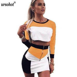 Planet Gates Yellow / L Colors Patchwork Fashion Two Piece Dress Women 2018 Autumn Long Sleeve Cropped Tops Bodycon Skirts Robe Women Sets