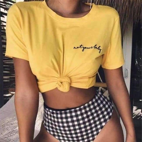 Planet Gates Yellow / L Summer Cotton Short Sleeve Women T-shirt Letter Printed Yellow Embroidery Women Tops Sexy Shirt O-neck Simple Women Tee