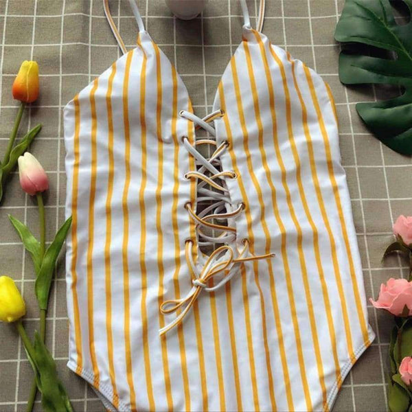 Planet Gates Yellow / L Women swimwear 2018 summer exy One Piece Striped Bikini womens swimwear pool party beach maternity swimwear JL 09