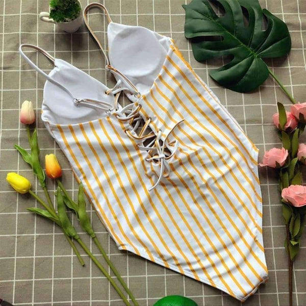 Planet Gates Yellow / L Women swimwear 2018 summer exy One Piece Striped Bikini womens swimwear pool party beach maternity swimwear JL 09
