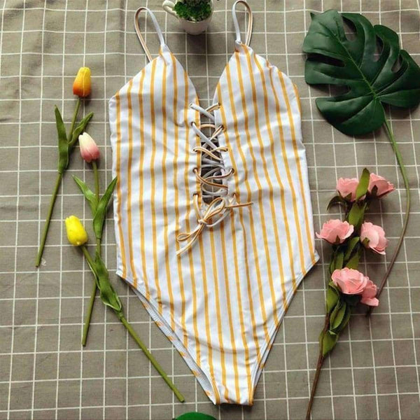 Planet Gates Yellow / L Women swimwear 2018 summer exy One Piece Striped Bikini womens swimwear pool party beach maternity swimwear JL 09