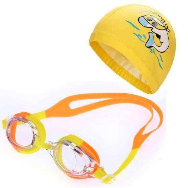 Planet Gates Yellow / One Size Children Anti Fog UV Protection Waterproof Silicone Swimming Goggles Glasses Eyewear & PU Fabric Dolphin Swim Cap Hat Set