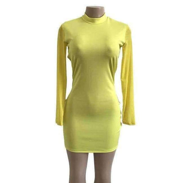 Planet Gates Yellow / S Autumn Net Yarn Long Sleeve Mini Bodycon Dress Dresses Autumn Winter Sexy Women Casual Party Club Black Dress Vestidos