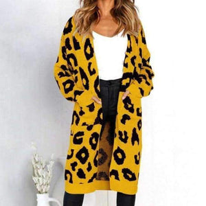 Planet Gates Yellow / S Autumn Winter Leopard Print Knitted Long Cardigan Women 2018 Casual Style Pocket Open Stitch Sweater Tops Outwear Jumper