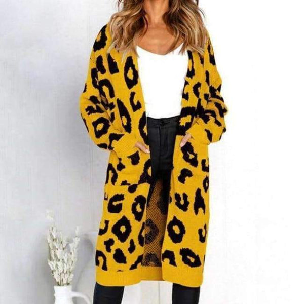 Planet Gates Yellow / S Autumn Winter Leopard Print Knitted Long Cardigan Women 2018 Casual Style Pocket Open Stitch Sweater Tops Outwear Jumper