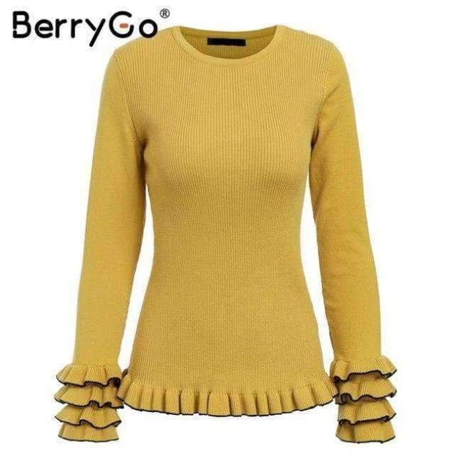 Planet Gates Black / S Elegant ruffles yellow sweater 2018 Women casual knitted sweaters pullover Autumn winter ladies sweaters female jumpers