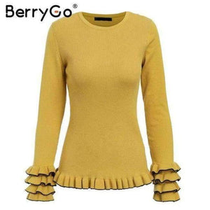 Planet Gates Yellow / S Elegant ruffles yellow sweater 2018 Women casual knitted sweaters pullover Autumn winter ladies sweaters female jumpers