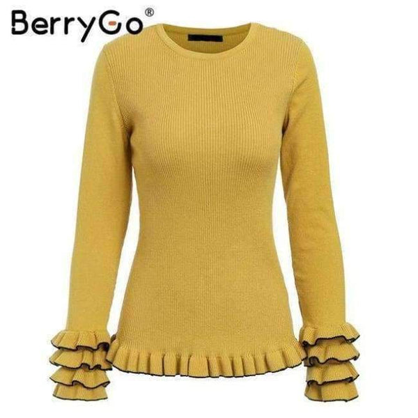 Planet Gates Yellow / S Elegant ruffles yellow sweater 2018 Women casual knitted sweaters pullover Autumn winter ladies sweaters female jumpers
