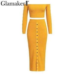 Planet Gates Yellow / S Glamaker Off shoulder bodycon button crop winter dress Women knitted split long sleeve sexy dress Two-piece suit maxi dress 2018