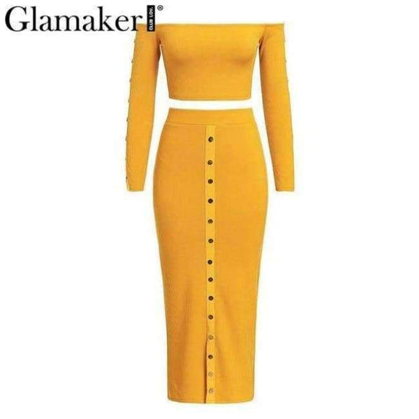 Planet Gates Yellow / S Glamaker Off shoulder bodycon button crop winter dress Women knitted split long sleeve sexy dress Two-piece suit maxi dress 2018