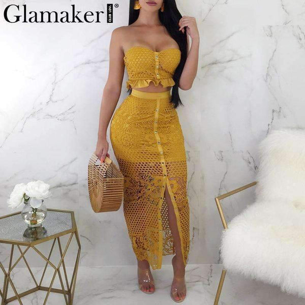 Planet Gates Yellow / S Glamaker Sexy mesh hollow out two-piece suit long dress Autumn fitness ruffle split dress Women winter slim strapless dress 2018