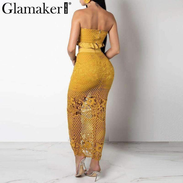 Planet Gates Yellow / S Glamaker Sexy mesh hollow out two-piece suit long dress Autumn fitness ruffle split dress Women winter slim strapless dress 2018