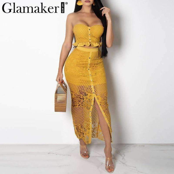 Planet Gates Yellow / S Glamaker Sexy mesh hollow out two-piece suit long dress Autumn fitness ruffle split dress Women winter slim strapless dress 2018