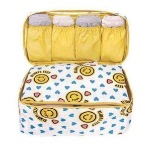 Planet Gates yellow smil Travel Stroage Bag Lady Make up cosmetic Toiletries Clothes Bra organization Weekend Overnight Underwear Accessories