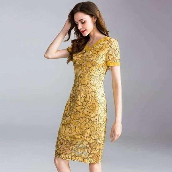 Planet Gates yellow / XL Womens Fashion Summer Party Event Dress 2018 Ladies V-Neck Allover Exquisite Embroidery Lace up Dress Knee Length