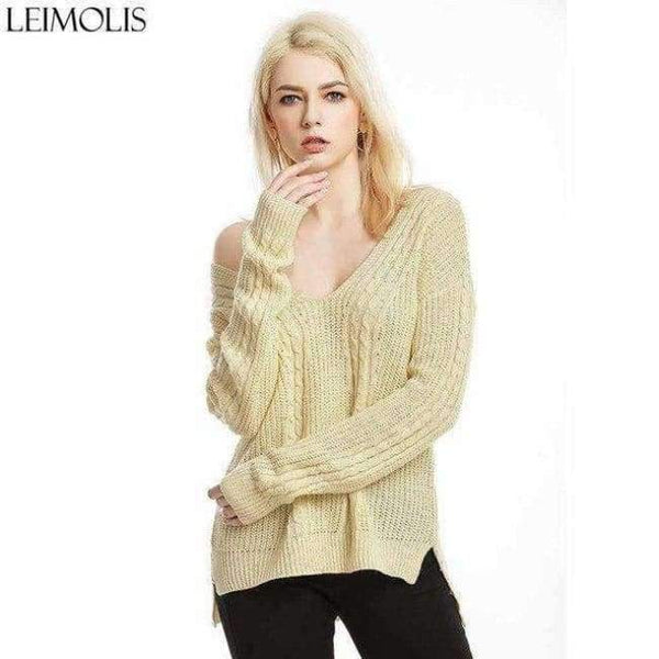 Planet Gates yellow ZJ015 / S Autumn Knitted Sexy Off Shoulder Sweater Women Gray Harajuku Streetwear Pullover V Neck Casual Jumper Winter Clothes