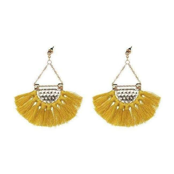 Planet Gates Yellow1 Fan shaped Cotton Tassels Bohemia Earrings For Women Ethnic Jewelry Big Dangle Earrings Handmade Fringe Pendientes