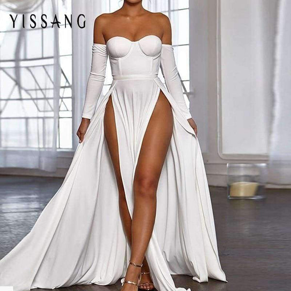 Planet Gates Yissang High Split Sexy Dress Women Off Shoulder Autumn Maxi Long Dress 2018 White Backless Party Dresses Elegant Vestidos
