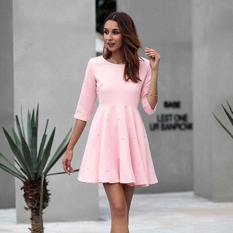 Planet Gates Pink / S Yovamoo Pink Dress Three Quarter Sleeve Beading Solid Color Slim A-line Plus Size Retro Autumn Womens Dresses New Arrival 2018