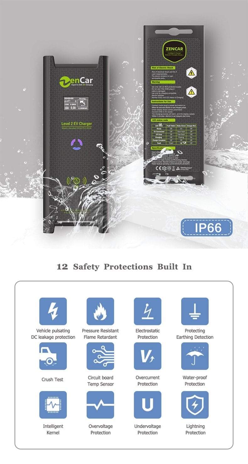 Planet Gates ZENCAR Level 2 EVSE Type B AC 30mA DC 6mA 3.5kW EV Charger Type 1 Schuko plug 5m Electric Car Charging 6A 8A 10A 12A 16A