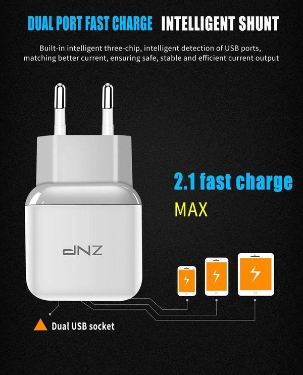 Planet Gates ZNP Dual 2 USB Charger For Honor 10 9 lite Mobile Phone EU Charger Plug Travel Wall Charger Adapter For One Plus 6 5T 5 Charger