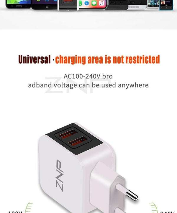 Planet Gates ZNP Universal USB Charger 2 Ports LED Display Mobile Phone Charger For iPhone Xiaomi Fast Charger Adapter For Samsung Huawei