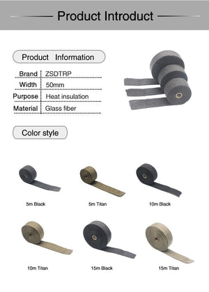 Planet Gates ZSDTRP 5cm*5M 10M 15M Titanium/Black Exhaust Heat Wrap Roll for Motorcycle Fiberglass Heat Shield Tape with Stainless Ties