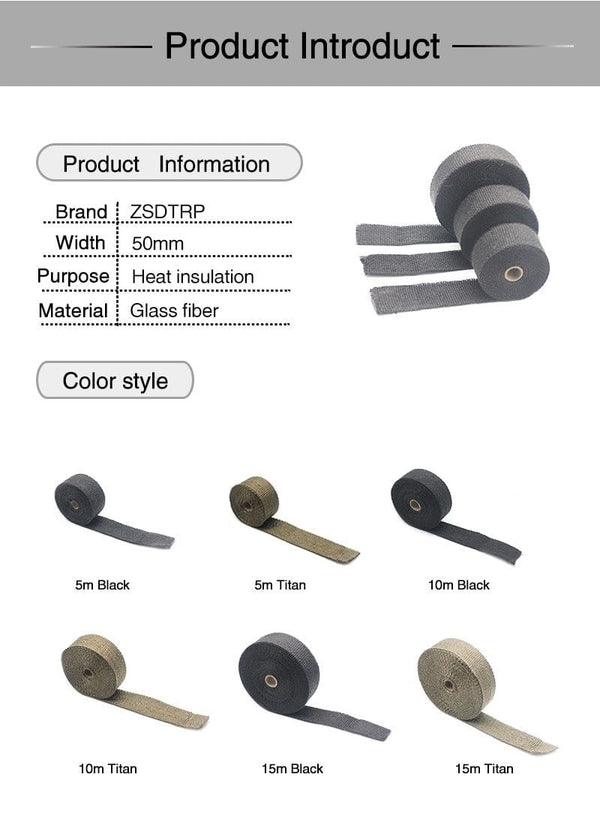 Planet Gates ZSDTRP 5cm*5M 10M 15M Titanium/Black Exhaust Heat Wrap Roll for Motorcycle Fiberglass Heat Shield Tape with Stainless Ties